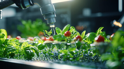 Leinwandbilder - Automated robotic arms watering fresh herbs and vegetables in greenhouse. scene showcases advanced technology in agriculture, promoting sustainable farming practices