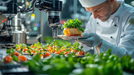 Poster - chef using robotic arms to assemble gourmet dishes in modern kitchen, showcasing precision and innovation in culinary arts