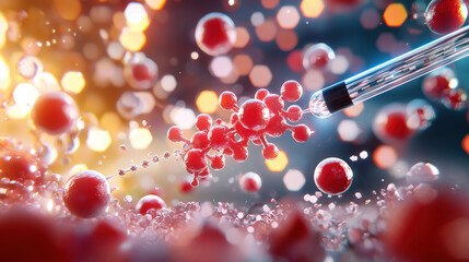 Poster - vibrant depiction of scientists working with nanostructures, showcasing red particles and pipette in dynamic laboratory environment. image captures essence of scientific innovation and discovery