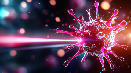 Poster - vibrant depiction of virus with glowing spikes, illuminated by colorful lights, showcasing advanced scientific visualization techniques