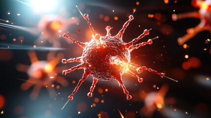 Aufkleber - detailed visualization of virus, showcasing its structure and features, with vibrant colors and dynamic lighting effects. This captures essence of microscopic life forms