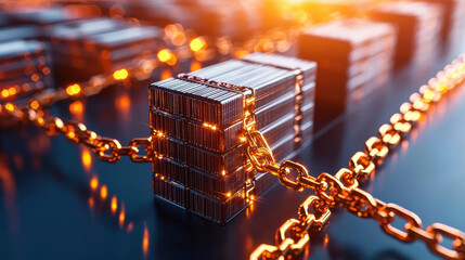 Fototapete - Cinematic illustration of blockchain technology with metallic bars and glowing chains, symbolizing security and innovation in digital finance