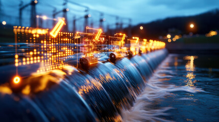 Aufkleber - cinematic high resolution image of hydroelectric dam with flowing water and illuminated digital elements, showcasing technology and energy production