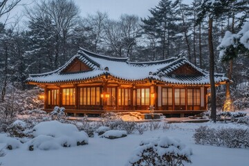 Poster - Traditional Korean architecture surrounded by snow in a serene winter landscape at dusk. Generative AI