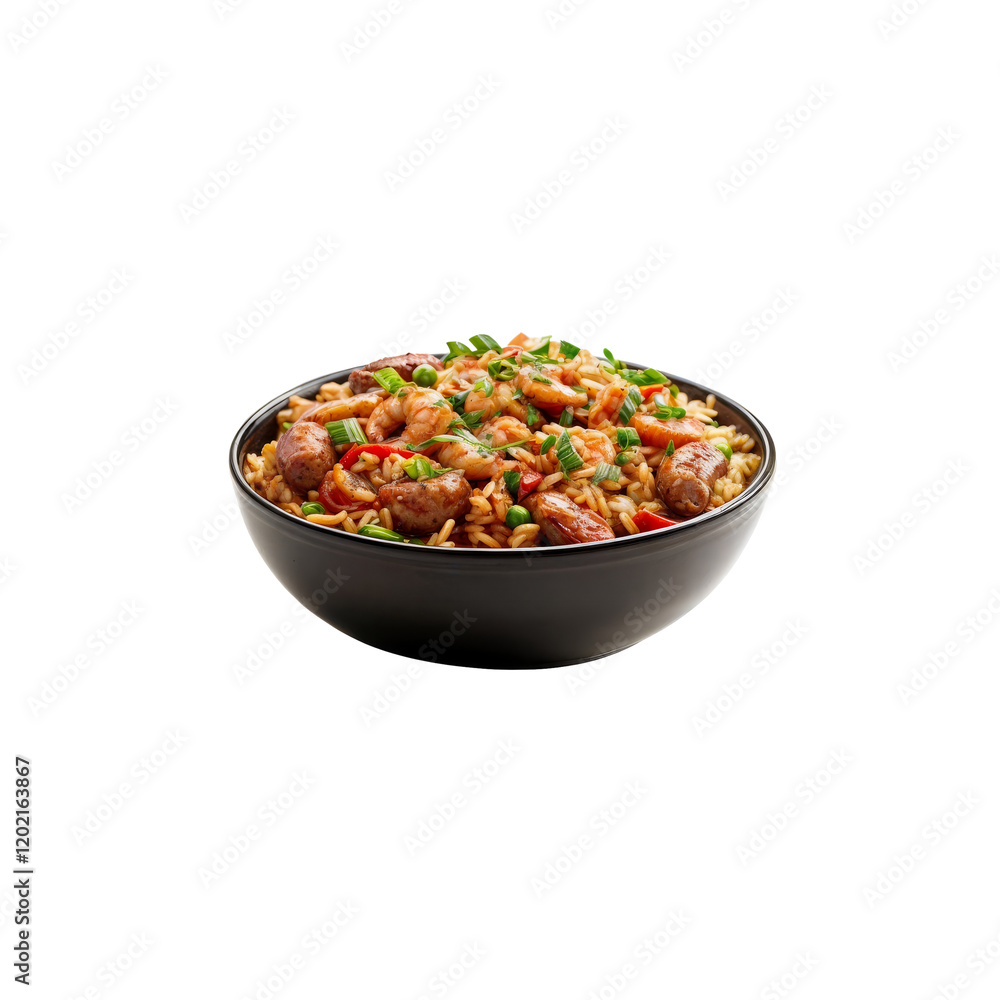 Shrimp Fried Rice Delight: A steaming bowl of shrimp fried rice, a delectable blend of savory rice, succulent shrimp, vegetables, and aromatic seasonings.  