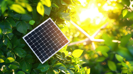 Aufkleber - solar panel mounted on lush green foliage, illuminated by sunlight, symbolizes renewable energy and sustainability. scene captures harmony between technology and nature