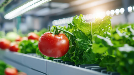 Poster - Fresh red tomato hanging beside crisp green lettuce in vibrant produce display, showcasing healthy food options in market setting