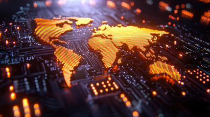 Aufkleber - digital world map illuminated with orange lights, representing technology and connectivity. intricate circuit patterns symbolize integration of technology in global finance