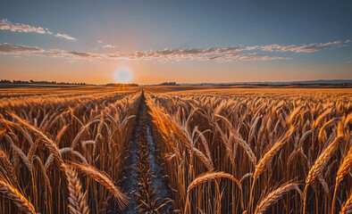 Poster - A field of golden wheat with a sun in the sky. The sun is setting and the sky is a mix of orange and blue. The field is vast and stretches out as far as the eye can see