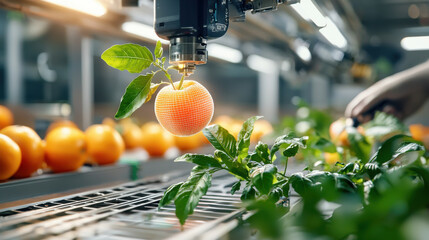 Aufkleber - cinematic view of 3D printed fruit being created in modern facility, showcasing innovation and technology in agriculture. vibrant orange fruit is suspended above lush green leaves