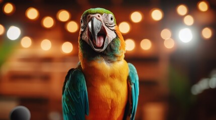 An expressive parrot vocalizes against a backdrop of soft lights, creating a fusion of natural avian beauty and human-like expression in an engaging frame.