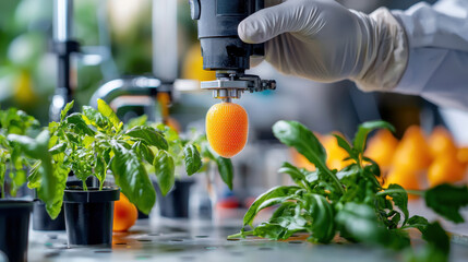 Leinwandbilder - robotic arm creates 3D printed fruit in lab filled with plants, showcasing innovation in agriculture and technology. vibrant colors and intricate details highlight modern food production