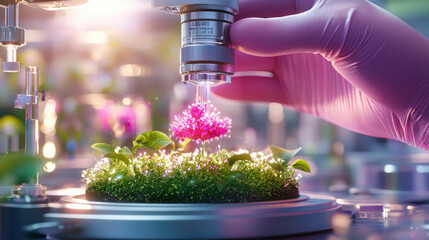 Poster - scientist examines vibrant flower under microscope in futuristic lab, showcasing advanced technology and nanomaterials in plant research