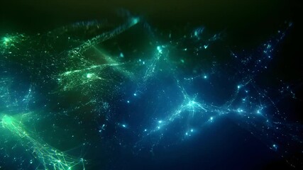 Wall Mural - an abstract depiction of glowing green and blue particles interconnected in a cosmic-like space, sho