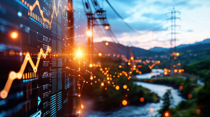 Fototapete - cinematic view of hydroelectric facility at night, showcasing power lines and data visualization. scene captures blend of technology and nature, highlighting energy production