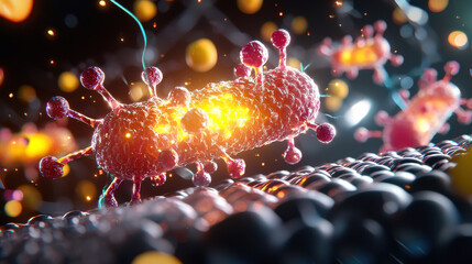 Aufkleber - Cinematic view of living cell interacting with nanod particles, showcasing vibrant colors and intricate details. scene captures dynamic processes of cellular interaction and energy