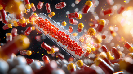 Aufkleber - Cinematic view of living cell interacting with nanodrugs, showcasing vibrant colors and dynamic movement. This captures essence of cellular interaction and drug delivery
