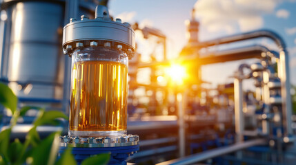 Poster - cinematic view of sustainable bio manufacturing plant showcasing glass container filled with amber liquid, surrounded by industrial pipes and sunlight