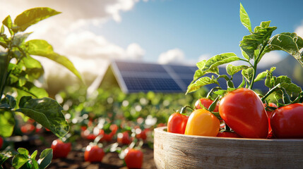 Poster - Fresh tomatoes in wooden basket on solar powered farm, surrounded by green plants and solar panels under bright sky. sustainable farming scene showcasing nature bounty