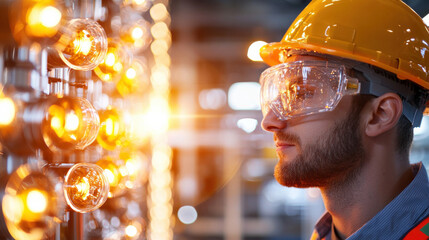 Aufkleber - focused worker in safety helmet and goggles examines bright industrial lights, showcasing commitment to safety and innovation in manufacturing