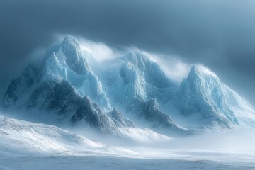 Wall Mural - massive glacier formation with jagged ice peaks, dramatic shadows and ethereal blue tones creating d