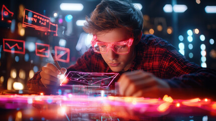 Aufkleber - young entrepreneur analyzes data on futuristic interface, wearing stylish glasses. vibrant colors and digital elements create engaging atmosphere of innovation and technology