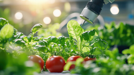 Leinwandbilder - robotic arm tending to fresh spinach and tomatoes in greenhouse, showcasing advanced agricultural technology and sustainable farming practices