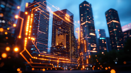 Poster - cinematic view of urban skylines intertwined with digital elements, showcasing modern architecture and vibrant lights. scene evokes sense of innovation and technology