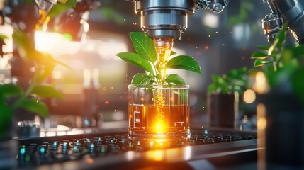 Poster - futuristic lab showcasing advanced technology extracting essence from plants, with vibrant green leaves and glowing liquid in glass. scene conveys innovation and nature synergy