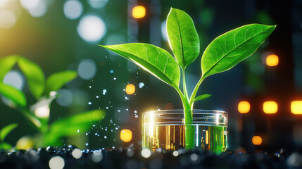 Poster - vibrant plant growing in glass container filled with liquid, symbolizing growth and innovation in futuristic lab setting. background features soft glowing lights, enhancing atmosphere