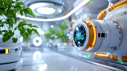 Poster - futuristic lab featuring advanced technology and greenery, showcasing blend of nature and innovation. environment is bright and clean, emphasizing sustainability and modern design