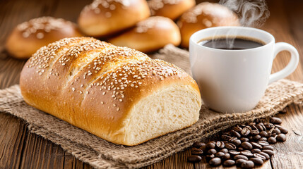 Aufkleber - Fresh loaf of bread with sesame seeds, coffee cup, and coffee beans create cozy breakfast scene. warm colors and textures evoke comfort and satisfaction