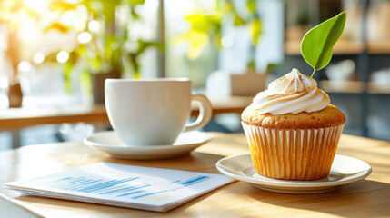 Poster - delicious cupcake with leaf garnish sits next to cup of coffee on wooden table, surrounded by greenery and natural light, creating warm and inviting atmosphere
