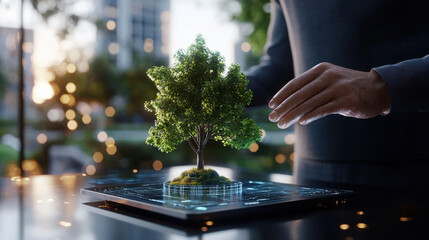 Leinwandbilder - person interacts with digital tree model on tablet, showcasing technology and nature. scene blends innovation with environmental themes, highlighting fusion of digital and natural elements