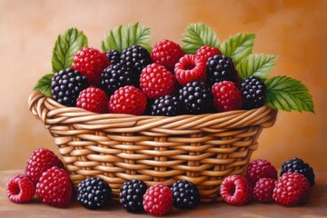 Wall Mural - Vibrant basket filled with fresh blackberries and raspberries placed on a rustic wooden table