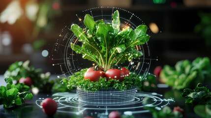 Leinwandbilder - vibrant display of fresh vegetables, featuring leafy greens and tomatoes, enhanced by digital elements symbolizing technology and innovation in agriculture