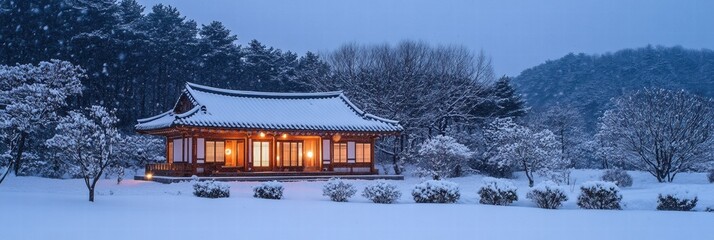Poster - Cozy traditional Korean house surrounded by snow in a serene winter landscape near dusk. Generative AI
