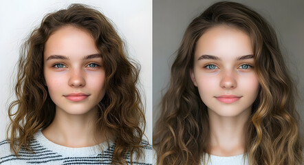 Sticker - Transformation of young caucasian female with wavy hair before and after makeup