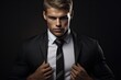 © Vlad - Confident Businessman: Attractive Caucasian Man Fixing Tie on Dark Background