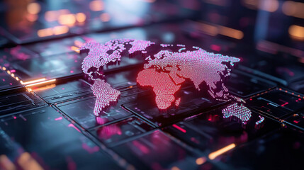 Leinwandbilder - digital world map with glowing pink and purple dots on dark background, representing global connectivity and technology