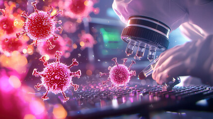 Aufkleber - Microscope examining viruses in laboratory setting, showcasing scientific research and innovation. vibrant colors and details highlight importance of studying pathogens