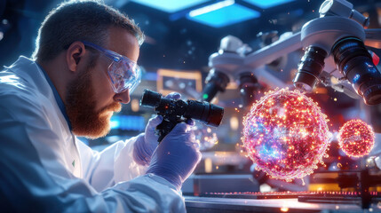 Fototapete - scientist examines glowing quantum particle under microscope, showcasing advanced research in high tech laboratory. atmosphere is filled with innovation and discovery