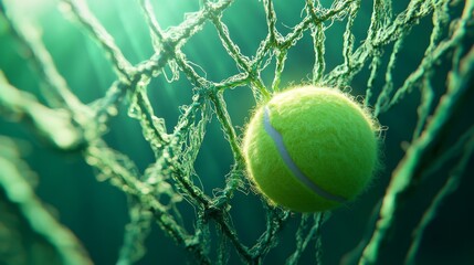 A tennis ball captured in sharp detail as it rests against the net 