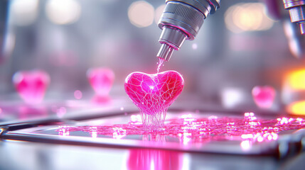 Poster - detailed scene of 3D bioprinting showcasing pink heart being created with advanced technology. vibrant colors and intricate design evoke sense of innovation and hope