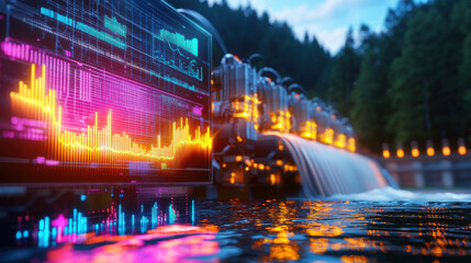 Aufkleber - futuristic 3D night scene of hydroelectric station with vibrant data visualizations. glowing water and machinery create captivating atmosphere of innovation and energy