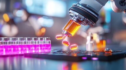 Poster - Futuristic biotech lab with robotic arm dispensing capsules into trays. vibrant colors and advanced technology create innovative atmosphere