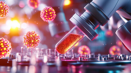 Poster - Futuristic biotech lab with robotic arm, test tube, and virus particles. This vibrant scene showcases advanced technology in scientific research and innovation