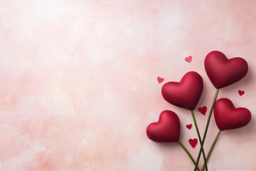 Wall Mural - Red hearts on soft pink background create romantic atmosphere, perfect for Valentine Day or love themed events. arrangement evokes feelings of affection and warmth