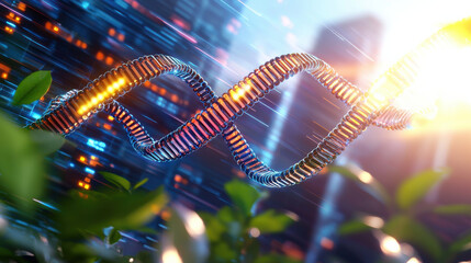 Leinwandbilder - futuristic depiction of DNA strand intertwined with technology, symbolizing genetic data and innovation amidst vibrant cityscape