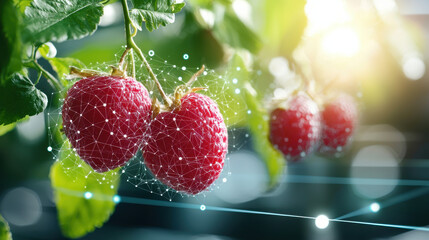 Aufkleber - Futuristic digital fruit tracking system showcasing ripe strawberries. image highlights connection between technology and agriculture, emphasizing innovation in fruit cultivation